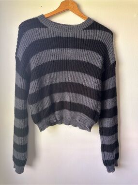 SHEIN Gray & Black Striped Crewneck Sweater